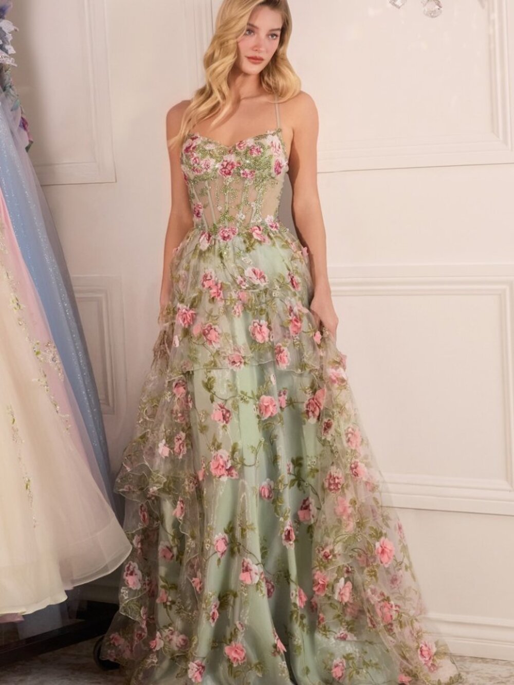 NEW SLEEVELESS A-LINE FLORAL DRESS W/ LACE UP BACK & SWEETHEART NECK CD A1420 - Picture 2 of 4